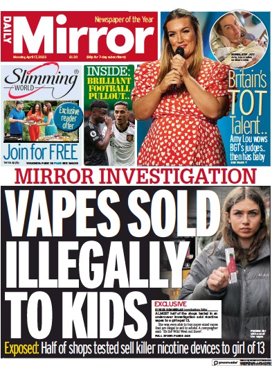 Daily Mirror Newspaper Front Page (UK) for 17 April 2023