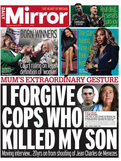 Daily Mirror Newspaper Front Page (UK) for 17 April 2025
