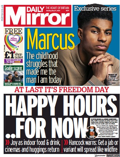 Daily Mirror Newspaper Front Page (UK) for 17 May 2021