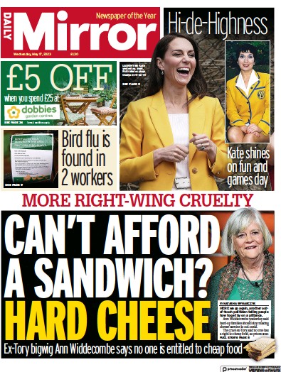 Daily Mirror Newspaper Front Page (UK) for 17 May 2023