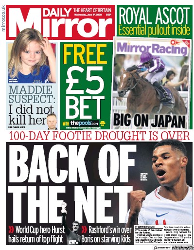 Daily Mirror Newspaper Front Page (UK) for 17 June 2020