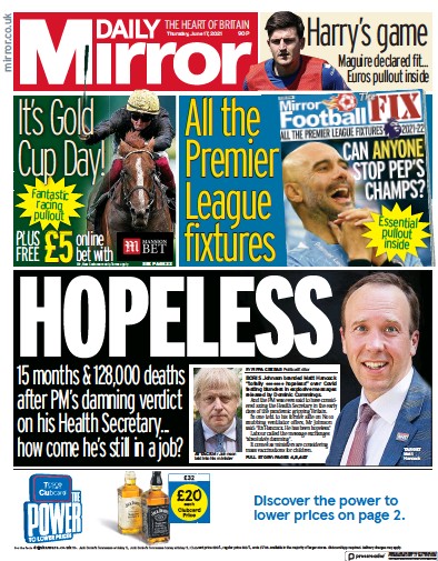 Daily Mirror Newspaper Front Page (UK) for 17 June 2021