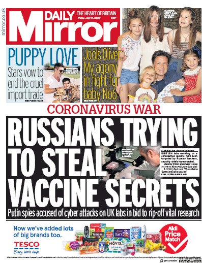 Daily Mirror Newspaper Front Page (UK) for 17 July 2020