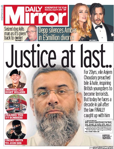 Daily Mirror Newspaper Front Page (UK) for 17 August 2016