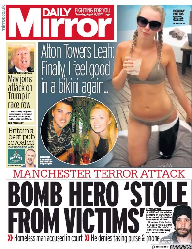 Daily Mirror Newspaper Front Page (UK) for 17 August 2017