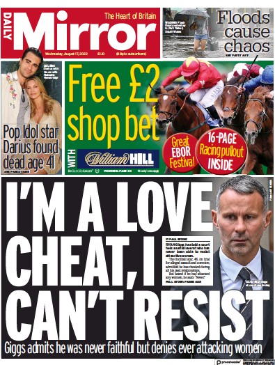 Daily Mirror Newspaper Front Page (UK) for 17 August 2022