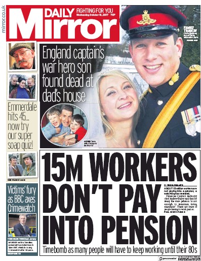 Daily Mirror Newspaper Front Page (UK) for 18 October 2017