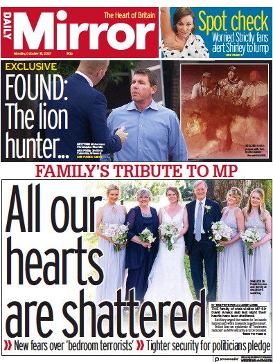 Daily Mirror Newspaper Front Page (UK) for 18 October 2021