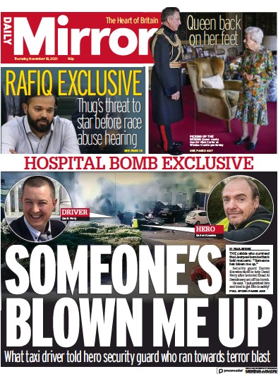 Daily Mirror Newspaper Front Page (UK) for 18 November 2021