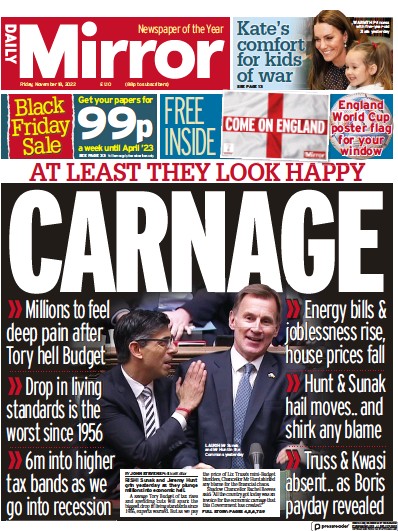 Daily Mirror Newspaper Front Page (UK) for 18 November 2022