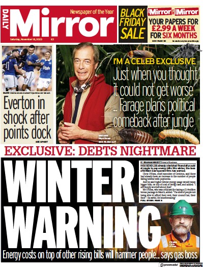 Daily Mirror Newspaper Front Page (UK) for 18 November 2023