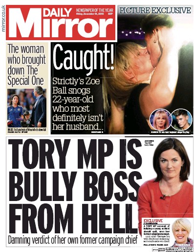 Daily Mirror Newspaper Front Page (UK) for 18 December 2015