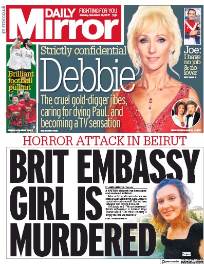 Daily Mirror Newspaper Front Page (UK) for 18 December 2017