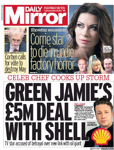 Daily Mirror Newspaper Front Page (UK) for 18 December 2018