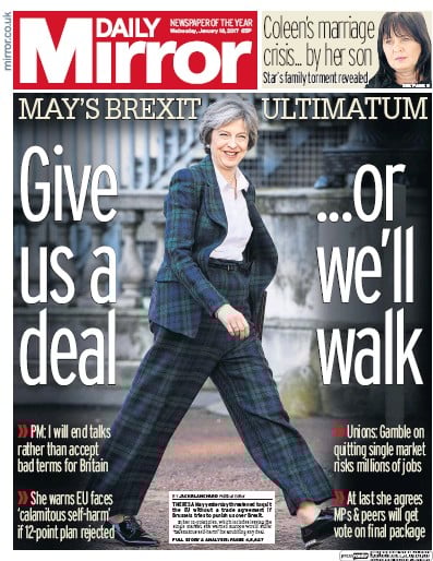 Daily Mirror Newspaper Front Page (UK) for 18 January 2017