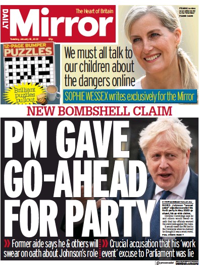 Daily Mirror Newspaper Front Page (UK) for 18 January 2022