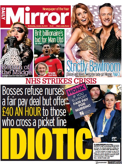 Daily Mirror Newspaper Front Page (UK) for 18 January 2023