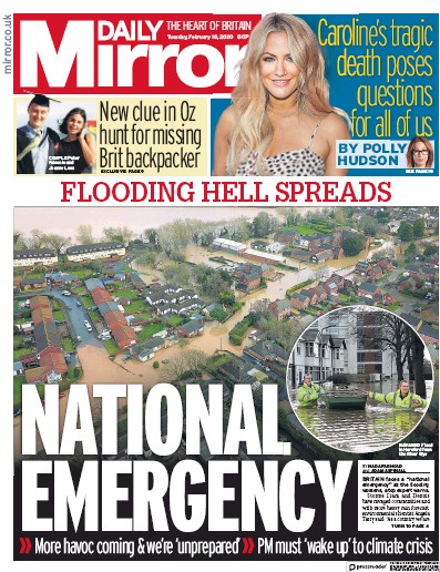 Daily Mirror Newspaper Front Page (UK) for 18 February 2020
