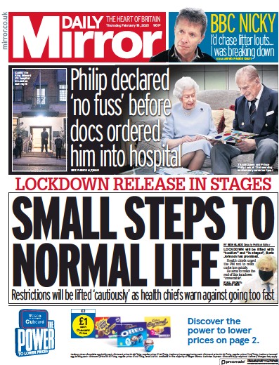 Daily Mirror Newspaper Front Page (UK) for 18 February 2021