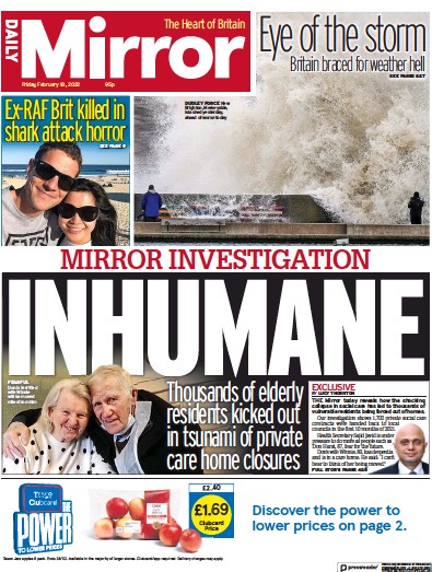 Daily Mirror Newspaper Front Page (UK) for 18 February 2022