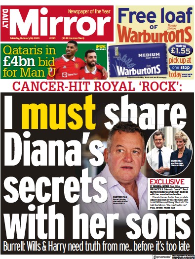 Daily Mirror Newspaper Front Page (UK) for 18 February 2023