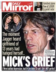 Daily Mirror Newspaper Front Page (UK) for 18 March 2014