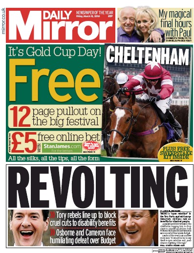 Daily Mirror Newspaper Front Page (UK) for 18 March 2016