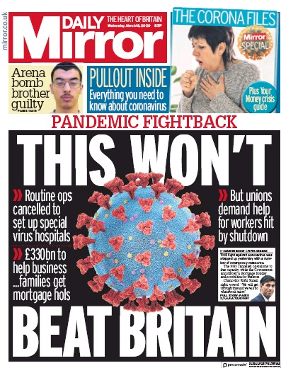 Daily Mirror Newspaper Front Page (UK) for 18 March 2020