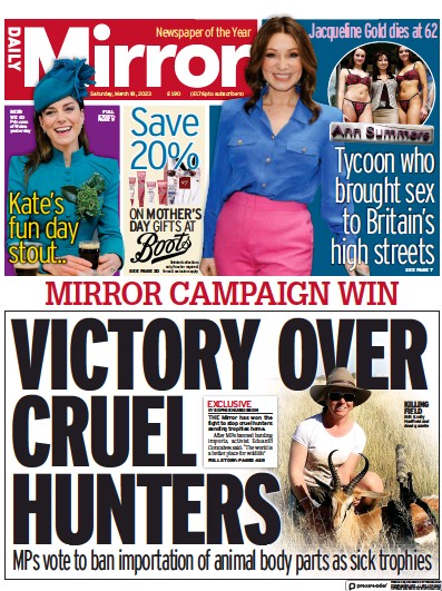 Daily Mirror Newspaper Front Page (UK) for 18 March 2023