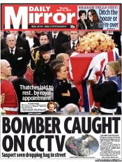 Daily Mirror Newspaper Front Page (UK) for 18 April 2013