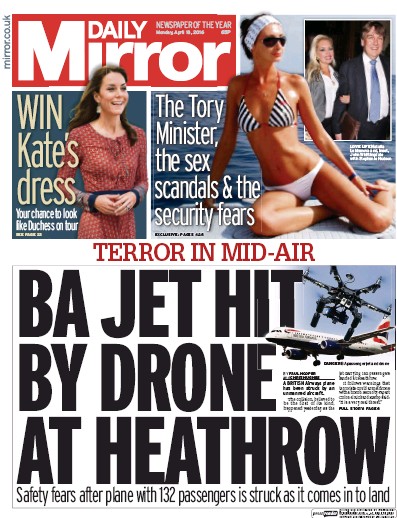 Daily Mirror Newspaper Front Page (UK) for 18 April 2016
