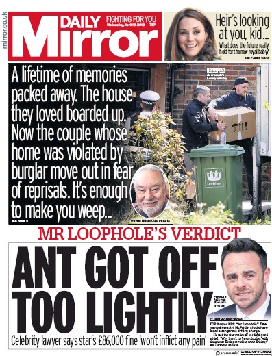 Daily Mirror Newspaper Front Page (UK) for 18 April 2018