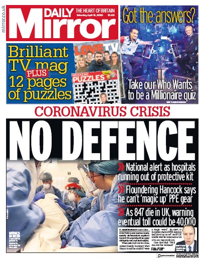 Daily Mirror Newspaper Front Page (UK) for 18 April 2020
