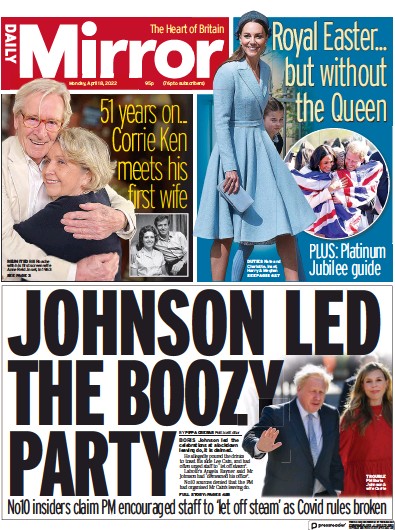 Daily Mirror Newspaper Front Page (UK) for 18 April 2022