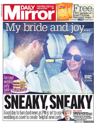 Daily Mirror Newspaper Front Page (UK) for 18 May 2018