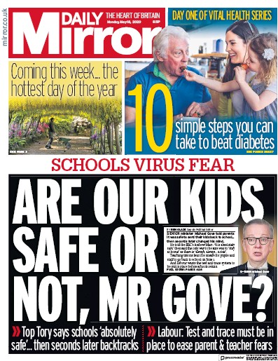 Daily Mirror Newspaper Front Page (UK) for 18 May 2020