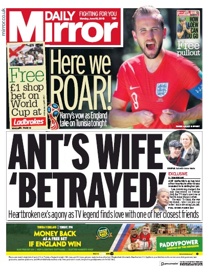 Daily Mirror Newspaper Front Page (UK) for 18 June 2018