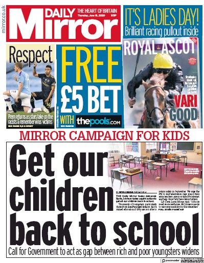 Daily Mirror Newspaper Front Page (UK) for 18 June 2020