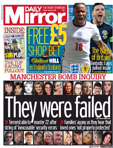 Daily Mirror Newspaper Front Page (UK) for 18 June 2021