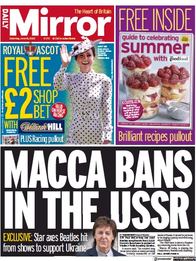 Daily Mirror Newspaper Front Page (UK) for 18 June 2022