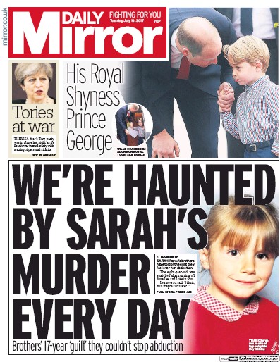 Daily Mirror Newspaper Front Page (UK) for 18 July 2017
