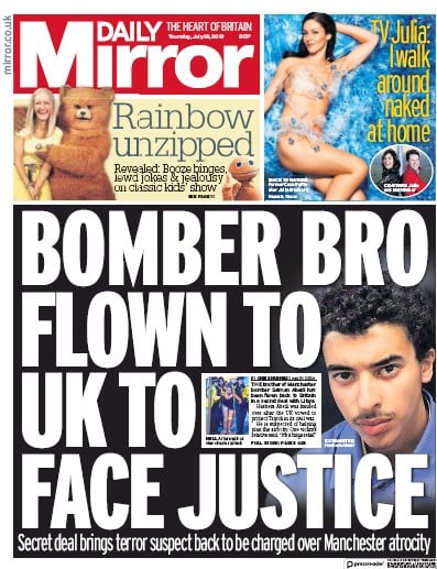 Daily Mirror Newspaper Front Page (UK) for 18 July 2019