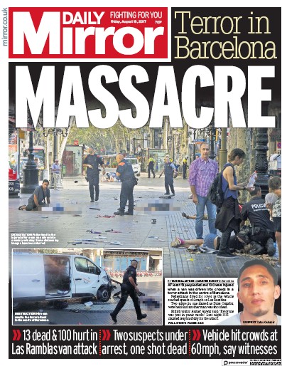 Daily Mirror Newspaper Front Page (UK) for 18 August 2017