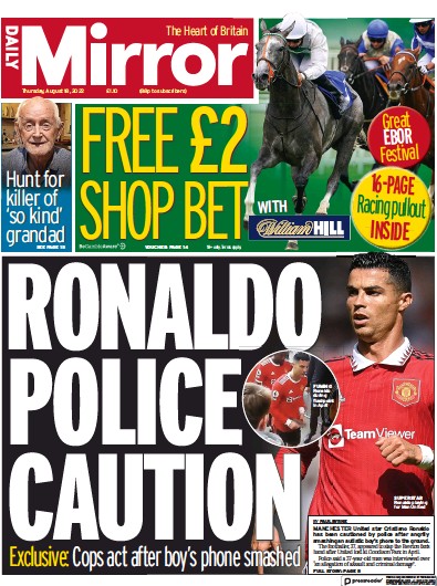 Daily Mirror Newspaper Front Page (UK) for 18 August 2022