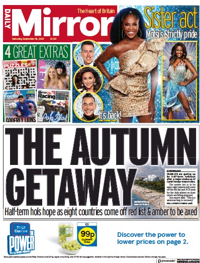 Daily Mirror Newspaper Front Page (UK) for 18 September 2021