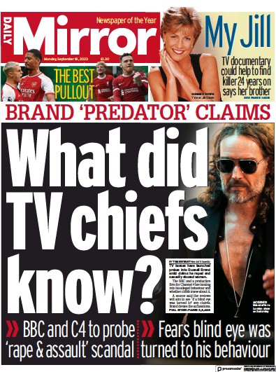 Daily Mirror Newspaper Front Page (UK) for 18 September 2023