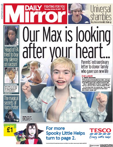 Daily Mirror Newspaper Front Page (UK) for 19 October 2017