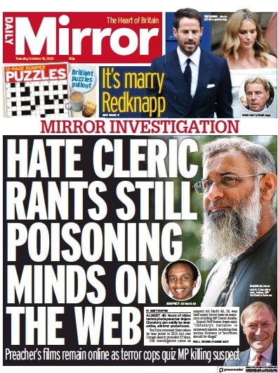 Daily Mirror Newspaper Front Page (UK) for 19 October 2021