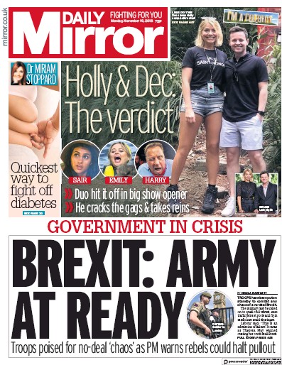 Daily Mirror Newspaper Front Page (UK) for 19 November 2018