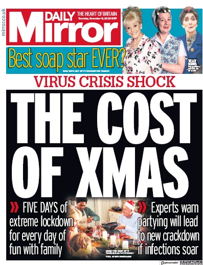 Daily Mirror Newspaper Front Page (UK) for 19 November 2020